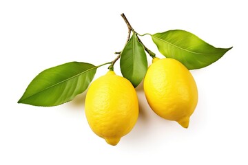 Wall Mural - Isolated branch with two lemons and leaves on white background Clipping path included