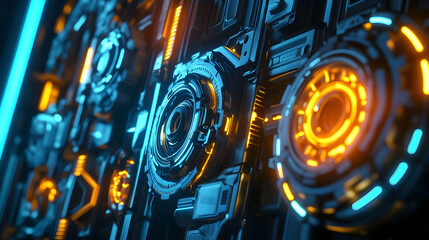 Poster - a close-up of advanced robotic components and gears illuminated by vibrant neon lighting