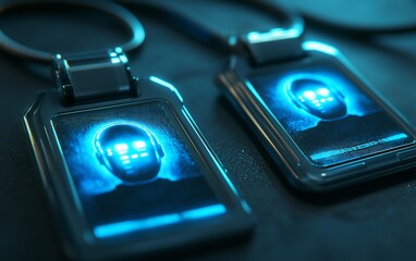 Poster - Futuristic ID badges with glowing holographic faces.