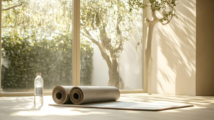 Wall Mural - A minimalist home yoga setup with a rolled-up mat, water bottle and natural lighting streaming through a large window