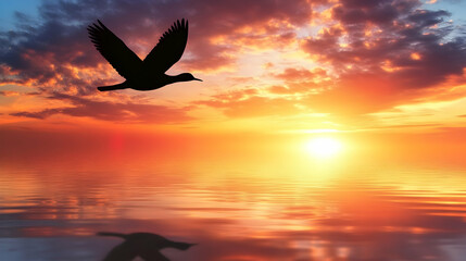 Wall Mural - a silhouetted bird in flight over a calm lake at sunset with a dramatic glowing sky, creating a peac