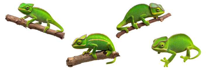 Wall Mural - Set of green chameleons perched on branches, isolated on transparent background