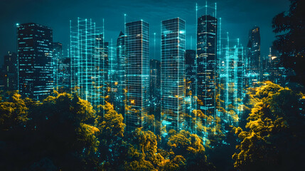 Poster - aerial view of a futuristic city at night illuminated by glowing skyscrapers and digital grids, blen