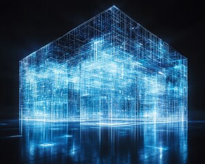 Poster - Glowing blue digital cube structure reflecting on dark surface.