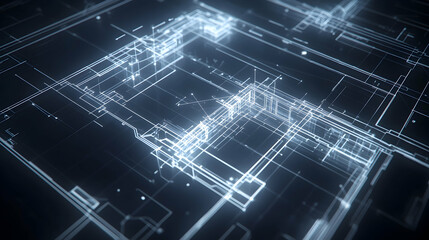 Poster - an abstract composition of architectural blueprints with glowing lines and geometric details on a cl