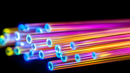 Wall Mural - close-up of glowing fiber optic cables in vibrant neon colors against a dark background, showcasing 