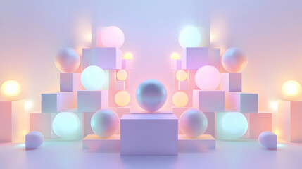 Wall Mural - Minimalist geometric composition of glowing spheres and cubes in pastel colors arranged symmetrically