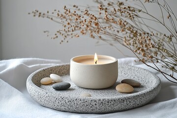 Poster - A minimalist candle rests on a textured stone tray, surrounded by small decorative stones and dried flowers. The warm, inviting setup enhances a calming atmosphere in a serene home space