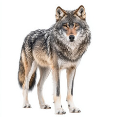  Gray wolf standing, isolated, intense gaze