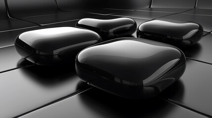 Four sleek, black, glossy objects on dark surface.