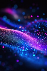 Poster - Vibrant wave patterns created by glowing particles in shades of deep purple, electric blue, and magenta dance across a dark backdrop, allowing for creative text overlay in a modern style