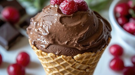 Wall Mural - Delicious chocolate ice cream cone topped with fresh raspberries, surrounded by cherries and chocolate