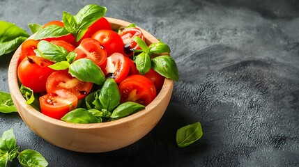 Fototapete - Fresh Tomatoes and Basil in Wooden Bowl for Healthy Eating