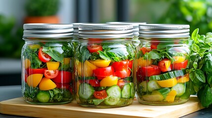 Fototapete - Colorful Fresh Vegetable Salad in Glass Jars on Wooden Cutting Board