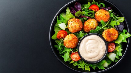 Poster - Fresh Salad with Crispy Balls and Creamy Dressing in Black Bowl