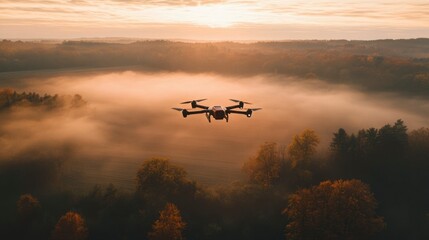 Wall Mural - Drone Flight Over Misty Autumn Landscape at Sunrise