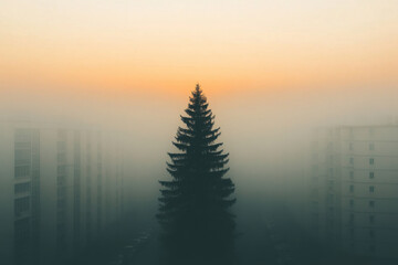 Wall Mural - A tall tree stands in the fog in front of a building