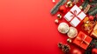 © Sansern - Festive Holiday Arrangement with Gifts and Decorations on Red Background
