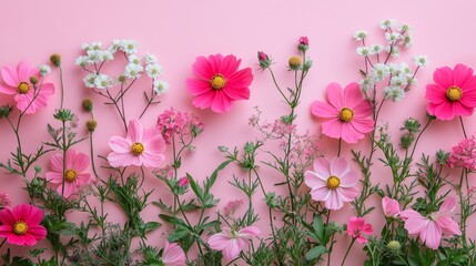 Wall Mural - A vibrant arrangement of pink and white flowers against a soft pink background, ideal for celebrating International Women's Day