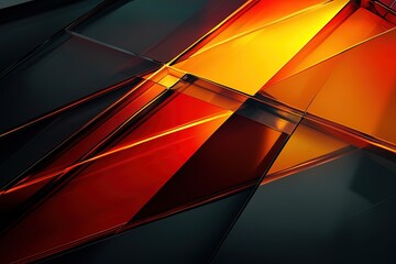 Poster - layered geometric shapes glow with fiery edges in red, orange, and yellow, set against a smooth blac