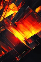 Poster - A vibrant abstract design showcases intricate layers of geometric shapes with glowing edges in fiery hues. The composition is set against a sleek black surface, creating a modern aesthetic