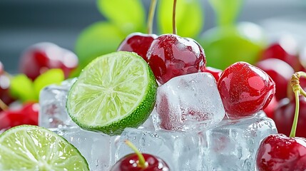 Poster - Beautifully Frozen Cherries and Limes on Ice for Refreshing Drinks