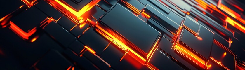 Poster - This stunning design features layered geometric shapes illuminated by fiery glowing edges in red, orange, and yellow hues, set against a sleek black surface ideal for text overlay