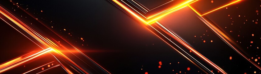 Poster - Dynamic layers of geometric shapes create a futuristic abstract background, illuminated with fiery red, orange, and yellow edges against a sleek black surface, perfect for modern designs