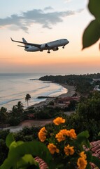 Sticker - A majestic jetliner soars above a sun-kissed beach, casting a shadow over the sparkling ocean as waves gently lap the shore under a clear blue sky.