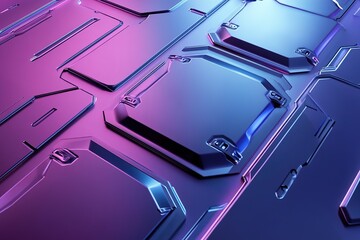 Poster - This vibrant and bold backdrop showcases metallic panels illuminated by soft blue and purple neon edges, providing ample space for text overlay suitable for tech-inspired designs
