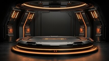 Poster - Futuristic dark room with circular platform and orange neon lights.