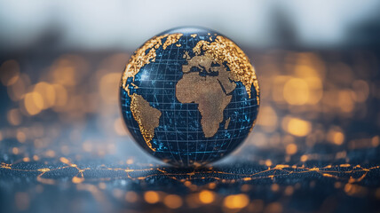 Poster - Our Connected World: A close-up view of a detailed glass globe, illuminated with warm, blurred lights, representing the interconnectedness and global nature of our modern world.