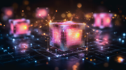 Poster - Digital Blocks Network: Glowing, translucent cubes interconnected on a dark digital grid, representing data transfer, blockchain technology, or network systems.