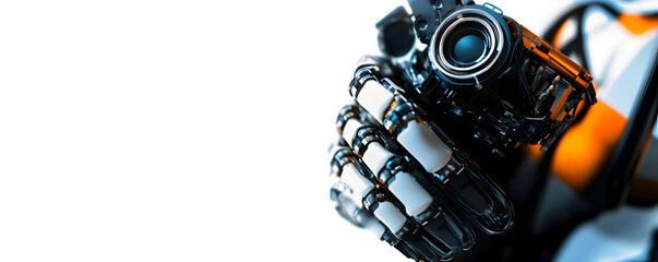 Poster - Robotic hand holds camera; white bg