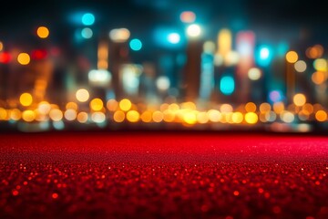 Wall Mural - sparkling red glitter texture against a blurred city lights nightscape background