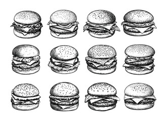 Wall Mural - Burgers cheeseburger engraving vector set. Meat cutlet cheese sandwich bun tomato, onion fillings mustard toppings hand drawn black ink sketches isolated on white background