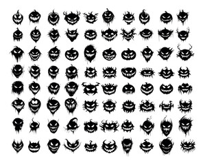 Wall Mural - Different faces black ink icons vector set. Angry eyes fangs scary vegetable heads, grinning evil emotion tiny ghost horror monsters avatars, isolated on white background