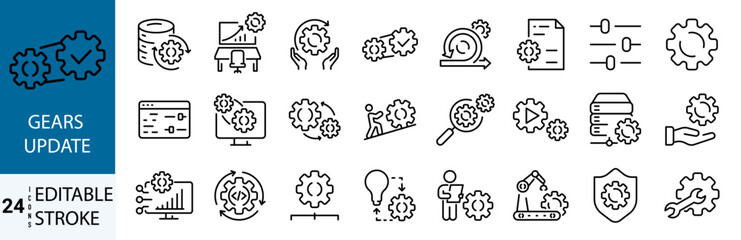 Gears update web line icon set. control, tool, system. Linear icon collection. Gear update outline icons collection. Editable stroke. Vector illustration