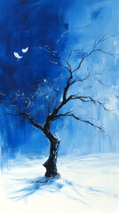 Sticker - Blue Winter Tree Solitude Snowscape Painting