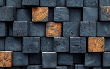 Poster - Dark gray and light brown wooden cube wall texture.