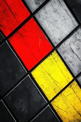 Poster - Dynamic abstract background showcases a minimalist grid pattern in black and gray tones, accented with bold yellow and red. Ample negative space allows for text overlay, enhancing artistic appeal