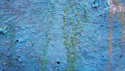 Aufkleber - close-up of weathered blue textured wall with green moss streaks and scattered orange spots, ideal for abstract background