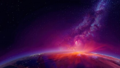 Wall Mural - vivid sunrise over a planet horizon with glowing atmospheric layers and distant stars, ideal for sci-fi, space, and cosmic themes

