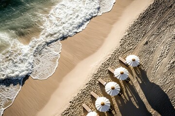 Serene beach elements captured from above: umbrellas, sand, sea.