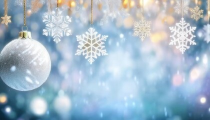 Aufkleber - elegant hanging snowflake ornaments and frosted baubles on a soft blue winter background with glowing bokeh, perfect for holiday designs

