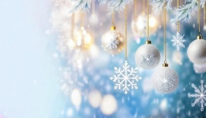 Aufkleber - elegant hanging snowflake ornaments and frosted baubles on a soft blue winter background with glowing bokeh, perfect for holiday designs

