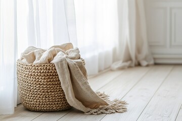 Poster - Natural woven basket rests on a light wooden floor, filled with a soft linen blanket in muted beige tones. The clean space is inviting, perfect for a cozy home atmosphere