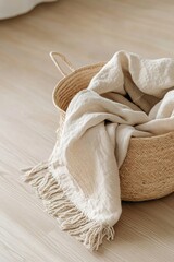 Poster - A natural woven basket holds a soft linen blanket in muted beige tones, placed on a light wooden floor that enhances the cozy and inviting atmosphere of the minimalist space