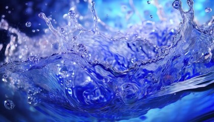 Poster - vivid close-up of a dynamic blue water splash with crystal-clear droplets and ripples, ideal for design background and creative concepts

