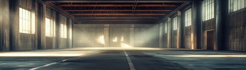 Poster - Large empty warehouse featuring exposed concrete floors and steel beams, enhanced by soft lighting creating depth and an inviting atmosphere for various creative projects